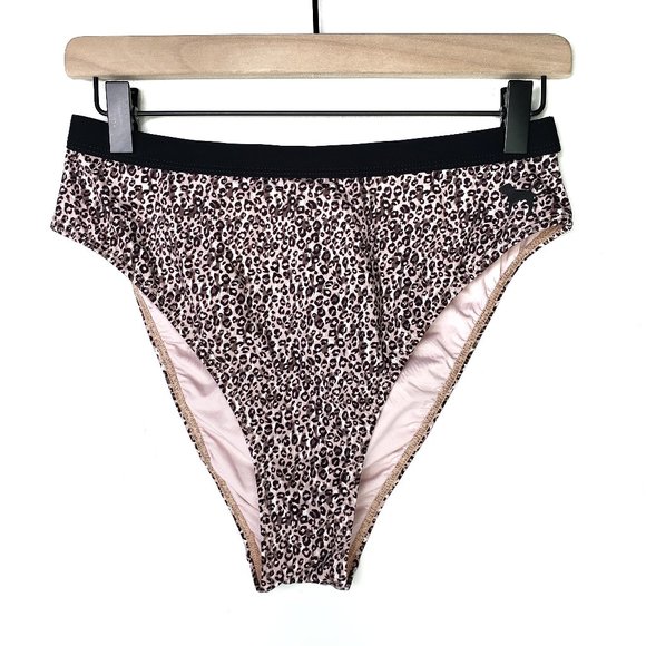 VS Pink High Leg Bikini Bottoms L Pink Black Leopard Swim High Waist